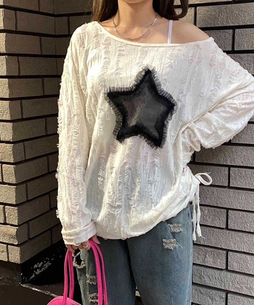 NANEA(ナネア)の「スターモチーフ サイドシャーリングダメージシアーロングTシャツ(Tシャツ/カットソー・レディース・ブラック/ホワイト・MEDIUM/LARGE/SMALL)」の22枚目の写真