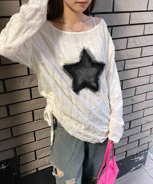 NANEA(ナネア)の「スターモチーフ サイドシャーリングダメージシアーロングTシャツ(Tシャツ/カットソー・レディース・ブラック/ホワイト・MEDIUM/LARGE/SMALL)」の15枚目の写真