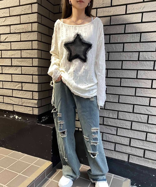 NANEA(ナネア)の「スターモチーフ サイドシャーリングダメージシアーロングTシャツ(Tシャツ/カットソー・レディース・ブラック/ホワイト・MEDIUM/LARGE/SMALL)」の16枚目の写真