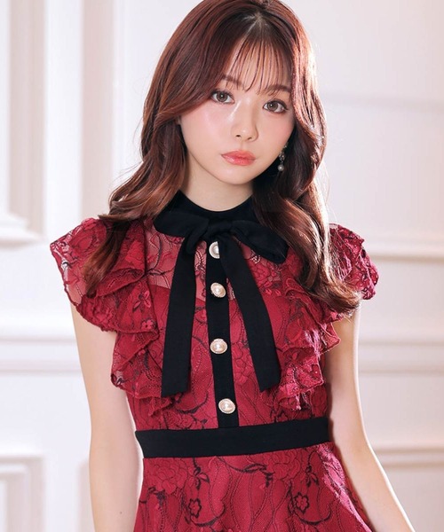 DAZZY(デイジー)の「【細見え×高見え】体型カバーも叶う美シルエット設計!ネックリボンフラワー総レースフリル Aラインミニドレス(ドレス・レディース・ブルー/ワインレッド/ベージュ/ピンク・S/M/LL/L/XS)」の20枚目の写真