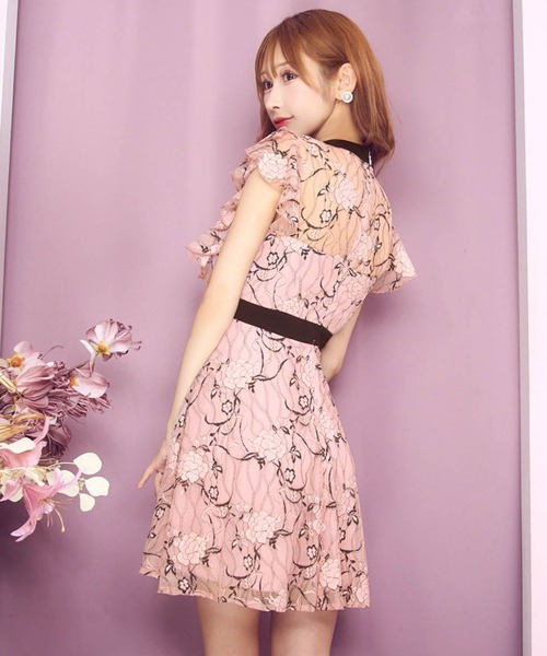 リボンにお花のデザインが可愛い フリルスカートの長袖ドレス 細見え×高見え】体型カバーも叶う美シルエット設計！ネック