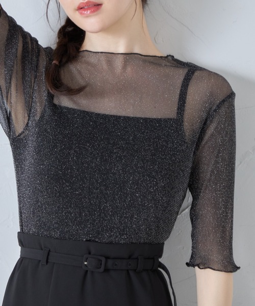 tocco closet(トッコ クローゼット)の「ラメシアーメローカットプルオーバー(Tシャツ/カットソー・レディース・グレー/オフホワイト/ブラック・M)」の2枚目の写真
