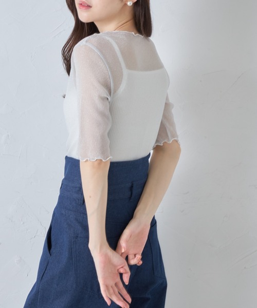 tocco closet(トッコ クローゼット)の「ラメシアーメローカットプルオーバー(Tシャツ/カットソー・レディース・グレー/オフホワイト/ブラック・M)」の6枚目の写真