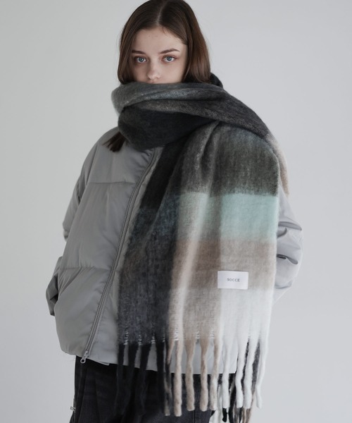 ブロックチェックシャギーフリンジマフラー（マフラー）｜SOCCE