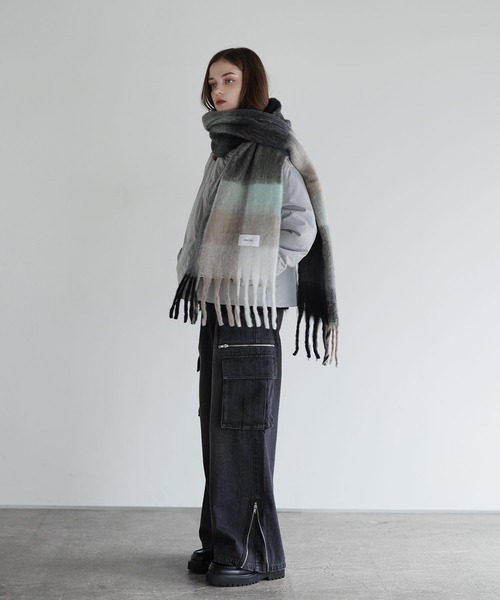 SOCCE（ソーシー）の「ブロックチェックシャギーフリンジマフラー