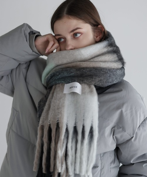 SOCCE（ソーシー）の「ブロックチェックシャギーフリンジマフラー