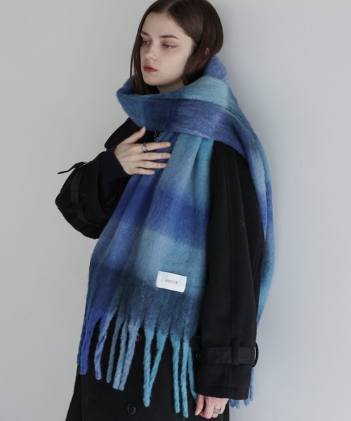 marimekko ネイビー フリンジ マフラー ブロックチェックシャギーフリンジマフラー（マフラー）｜SOCCE