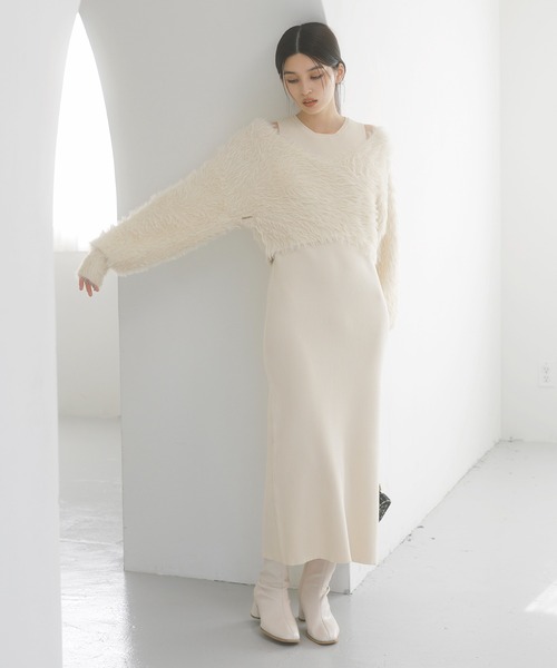 VIS（ビス）の「【SET】カシュクールシャギーレイヤードワンピース（ワンピース・レディース・オフホワイト/ライトグレー/ブラウン・FREE）」の2枚目の写真