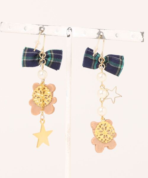 VIBGYOR(ヴィブジョー)の「【MUURABBTI】くまちゃんと星のチェックリボンピアス(MA)(ピアス(両耳用)・レディース・グリーン・FREE)」の2枚目の写真