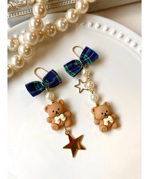 【MUURABBTI】くまちゃんと星のチェックリボンピアス(MA)