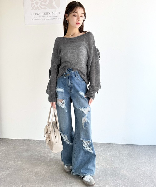 mily bilet(ミウィビレット)の「【mily bilet】大人のきらめき。プレートデザイン透かし編み袖リボンラメニット(ワンオフショル2way)(ニット/セーター・レディース・ブルー/チャコールグレー/イエロー/ピンク/ホワイト・LARGE/MEDIUM/SMALL/X-LARGE)」の20枚目の写真