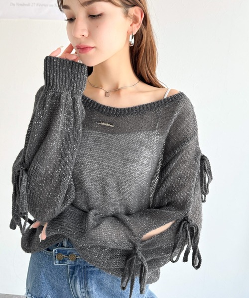 mily bilet(ミウィビレット)の「【mily bilet】大人のきらめき。プレートデザイン透かし編み袖リボンラメニット(ワンオフショル2way)(ニット/セーター・レディース・ブルー/チャコールグレー/イエロー/ピンク/ホワイト・LARGE/MEDIUM/SMALL/X-LARGE)」の18枚目の写真