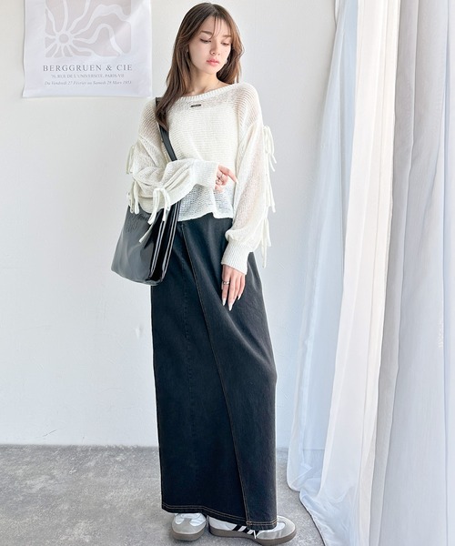 mily bilet(ミウィビレット)の「【mily bilet】大人のきらめき。プレートデザイン透かし編み袖リボンラメニット(ワンオフショル2way)(ニット/セーター・レディース・ブルー/チャコールグレー/イエロー/ピンク/ホワイト・LARGE/MEDIUM/SMALL/X-LARGE)」の16枚目の写真