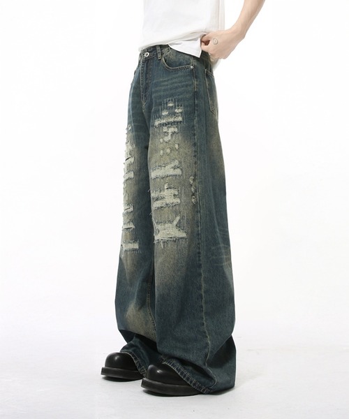 PEOPLESENSEヴィンテージダメージデニムワイドパンツ cussil/クシル】【11.5oz】ルーズシルエットダメージワイド