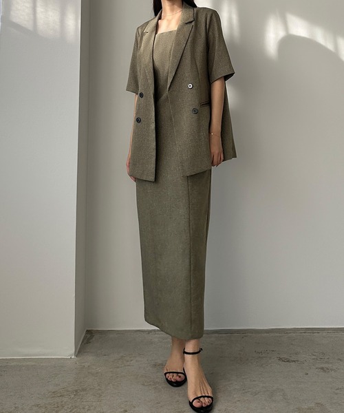Louere（ルエレ）の「リネンライク半袖ジャケット＋IラインキャミワンピースSET（セットアップ・レディース・チャコール/ブラック/ベージュ系その他・MEDIUM/SMALL/X-LARGE/LARGE）」の3枚目の写真