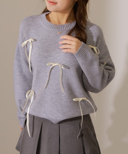 Lace Ladies(レースレディース)の「ソリッドカラー メニーリボン ラウンド ネック ニット プルオーバー(ニット/セーター・レディース・アイボリー/グレー/ブラック・FREE)」の22枚目の写真