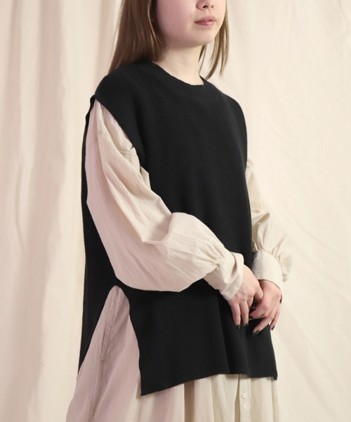 prit（プリット）の「[ prit ] リネンコットン 12G片畦編み クルーネックベスト（ベスト・レディース・ブラック/ベージュ/ネイビー・FREE）」の2枚目の写真