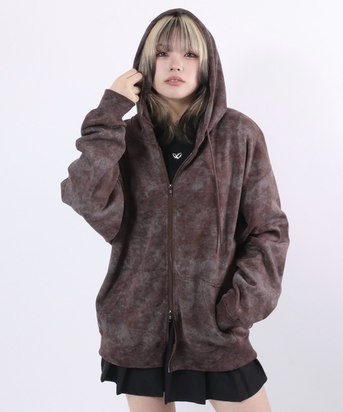 セール】ケミカルウォッシュ加工 ポンチスウェットジップパーカー