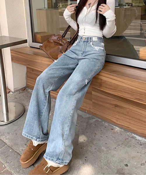 AMAJI(アマジ)の「リボンパールデニムパンツ(デニムパンツ・レディース・ブルー・SMALL/MEDIUM/LARGE/X-LARGE)」の3枚目の写真
