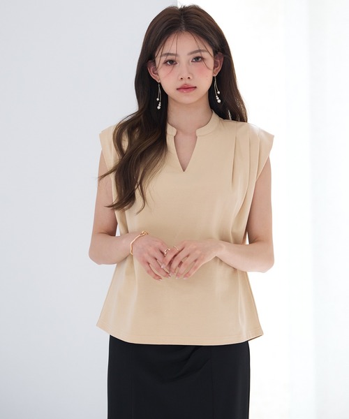 SAISON DE PAPILLON(セゾンドパピヨン)の「スタンドキーネックタックカットソートップス(Tシャツ/カットソー・レディース・ミント/ベージュ/ピンク/ホワイト/ライトブラウン/ブラック・S/L/M)」の19枚目の写真