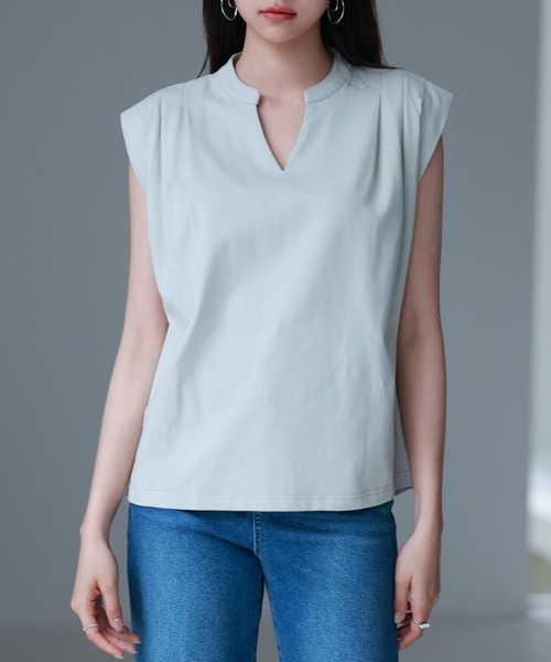 SAISON DE PAPILLON(セゾンドパピヨン)の「スタンドキーネックタックカットソートップス(Tシャツ/カットソー・レディース・ミント/ベージュ/ピンク/ホワイト/ライトブラウン/ブラック・S/L/M)」の9枚目の写真