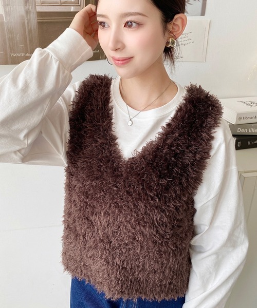 セール】ブークレフェザーショートニットベスト（ベスト）｜moment+