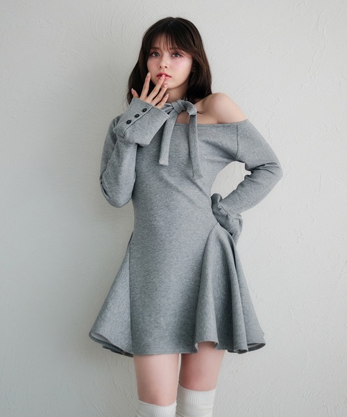 fupel ワンショルネックリボンポンチミニワンピース one-shoulder neck ribbon punch mini onepiece /ワンショル