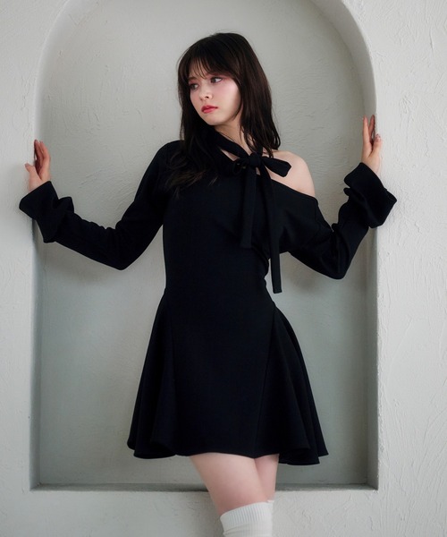 【​限​定​販​売​】 one-shoulder neck ribbon punch mini onepiece /ワンショル ワンピース