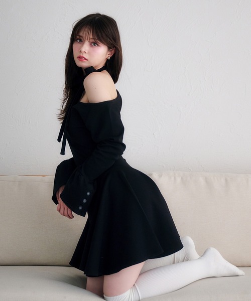 fupel ワンショルネックリボンポンチミニワンピース one-shoulder neck ribbon punch mini onepiece /ワンショル