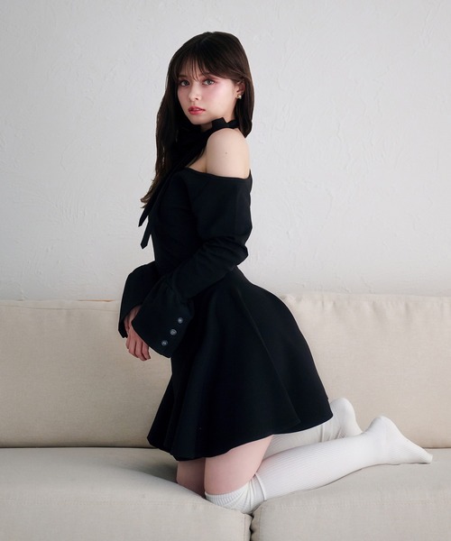 ワンホン ミニワンピース one-shoulder neck ribbon punch mini onepiece /ワンショル