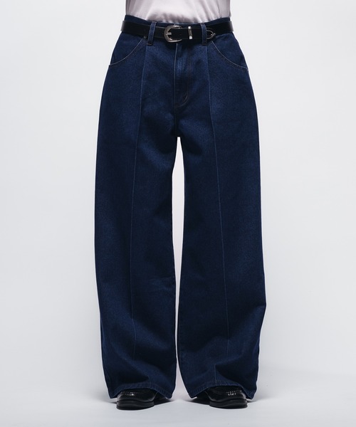 Adoon plain（アドーンプレーン）の「CENTER SEAM WIDE DENIM PANTS / センターシームタックワイドデニムパンツ（デニムパンツ・メンズ・インディゴブルー/ブルー・SMALL/MEDIUM/LARGE）」の7枚目の写真