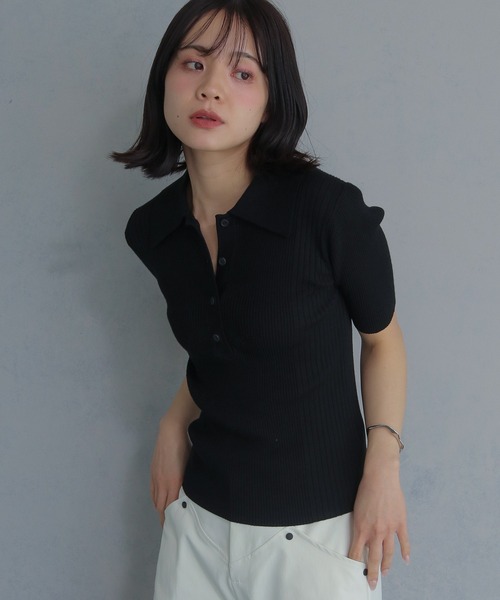 cheriella（シェリエラ）の「【cheriella】ポロリブニット半袖 POLO RIB SHORT KNIT（ニット/セーター・レディース・ブラック/オフホワイト/レッド/チャコール/ブルー系その他・M）」の3枚目の写真