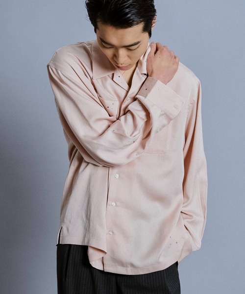 Camphor wood(カンファーウッド)の「rhinestone rayon open collar l/s shirt / ラインストーンレーヨンオープンカラーシャツ(シャツ/ブラウス・メンズ・スモークピンク/ホワイト/チャコールグレー・MEDIUM/LARGE)」の3枚目の写真