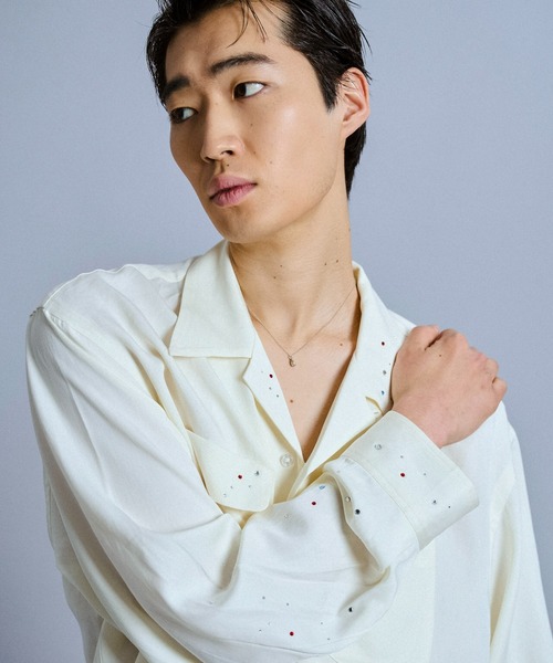rhinestone rayon open collar l/s shirt / ラインストーン