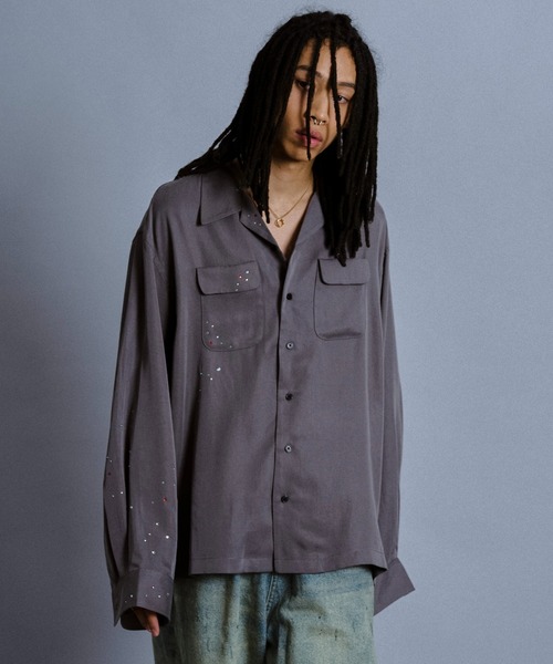 Camphor wood(カンファーウッド)の「rhinestone rayon open collar l/s shirt / ラインストーンレーヨンオープンカラーシャツ(シャツ/ブラウス・メンズ・スモークピンク/ホワイト/チャコールグレー・MEDIUM/LARGE)」の10枚目の写真