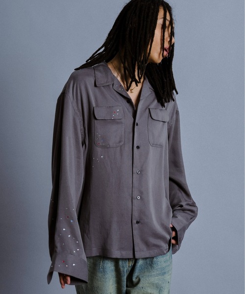 Camphor wood(カンファーウッド)の「rhinestone rayon open collar l/s shirt / ラインストーンレーヨンオープンカラーシャツ(シャツ/ブラウス・メンズ・スモークピンク/ホワイト/チャコールグレー・MEDIUM/LARGE)」の11枚目の写真