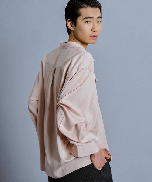 rhinestone rayon open collar l/s shirt / ラインストーン
