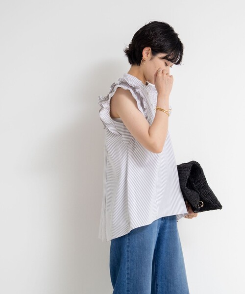 美品★ルルウィルビー　ノーカラーブラウス 袖フリル パールボタン 近年 2 セール】袖フリルパール釦ブラウス（シャツ/ブラウス