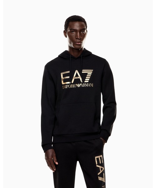【エンポリオ アルマーニ EA7】Logo Series フード付きスウェットシャツ ストレッチコットン オーバーサイズロゴ