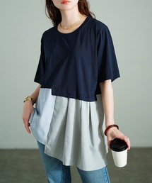 アシメ異素材切り替えチュニックTシャツ【大きいサイズ対応】