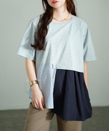 アシメ異素材切り替えチュニックTシャツ【大きいサイズ対応】