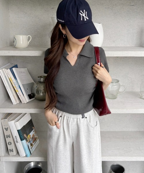 セール】【ふんわりもっちりな手触り】サイドギャザーリブポロニット