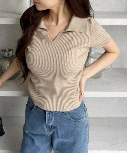 セール】【ふんわりもっちりな手触り】サイドギャザーリブポロ