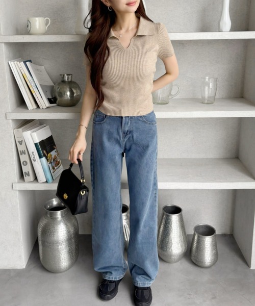 セール】【ふんわりもっちりな手触り】サイドギャザーリブポロニット