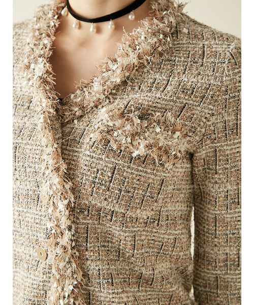 セール】カットツイードフリンジジャケット（ノーカラー