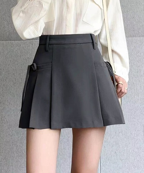 THE HITSS（ヒッツ）の「【インパン裏地付き】サイドリボン ハイウエスト ボックス プリーツ ミニスカート スカパン（スカート・レディース・グレー/ブラック・FREE）」の8枚目の写真
