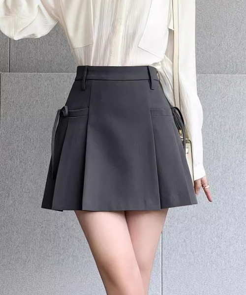 THE HITSS（ヒッツ）の「【インパン裏地付き】サイドリボン ハイウエスト ボックス プリーツ ミニスカート スカパン（スカート・レディース・グレー/ブラック・FREE）」の9枚目の写真