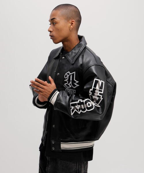 AVIREX レザースタジャン 黒 M アヴィレックス　カウハイドレザー 50th Anniversary》GRAPHIC VARSITY LEATHER JACKET / 50周年