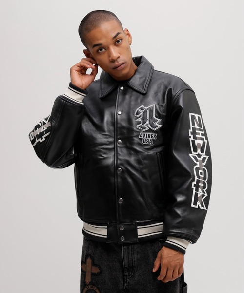 【牛革】AVIREX レザージャケット 黒 M スタジャン 50th Anniversary》GRAPHIC VARSITY LEATHER JACKET / 50周年