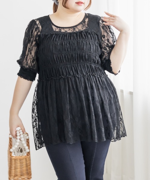 CLETTE(クレット)の「CLETTEオリジナルクロスフラワーレースシャーリングブラウス(シャツ/ブラウス・レディース・ブルー/ブラック/アイボリー/ラベンダー・4L/3L/LL)」の2枚目の写真